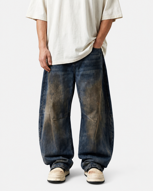 Mud Wash Curved Barrel Wide-Leg Denim Jeans