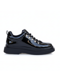 Atlas Eclipse patent black sneaker with rugged hiking eyelets by Apollo Moda, third angle