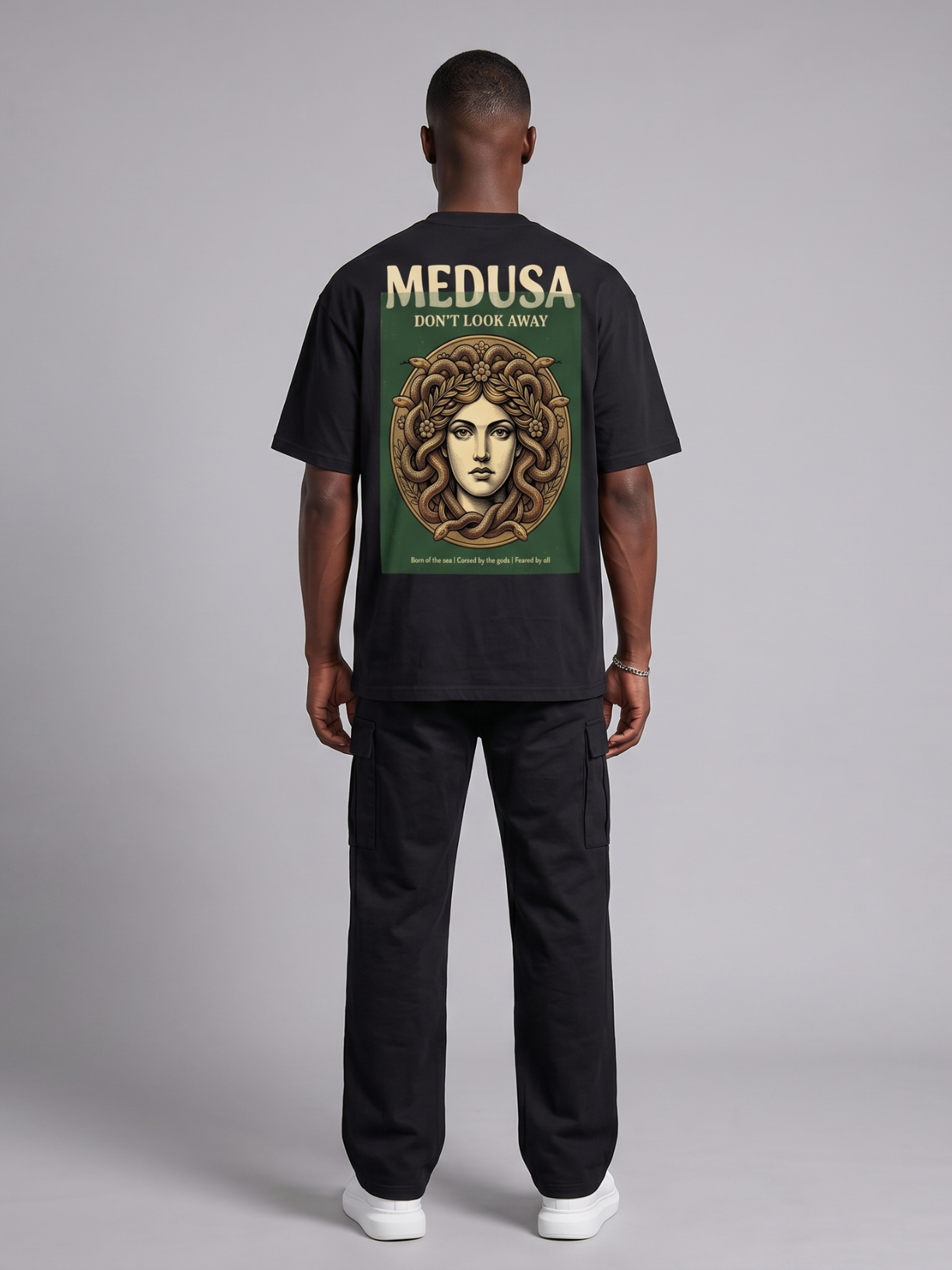 Medusa Don't Look Away oversized graphic tee in black by Apollo Moda, detail view 1