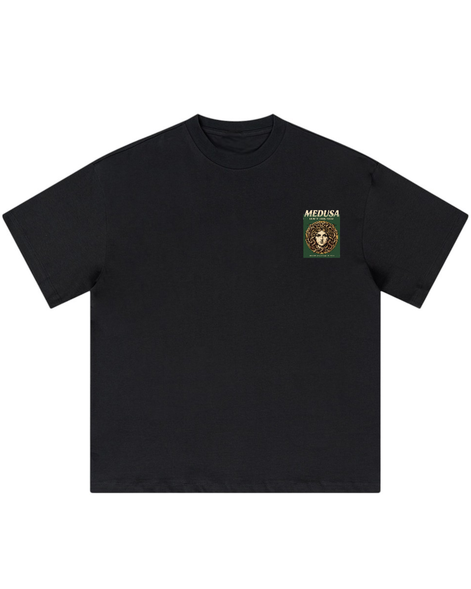 Medusa Don't Look Away oversized graphic tee in black by Apollo Moda, front view
