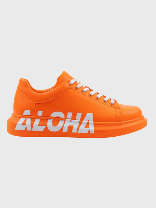 Aloha Sunrise hand-painted custom sneaker in orange by Apollo Moda