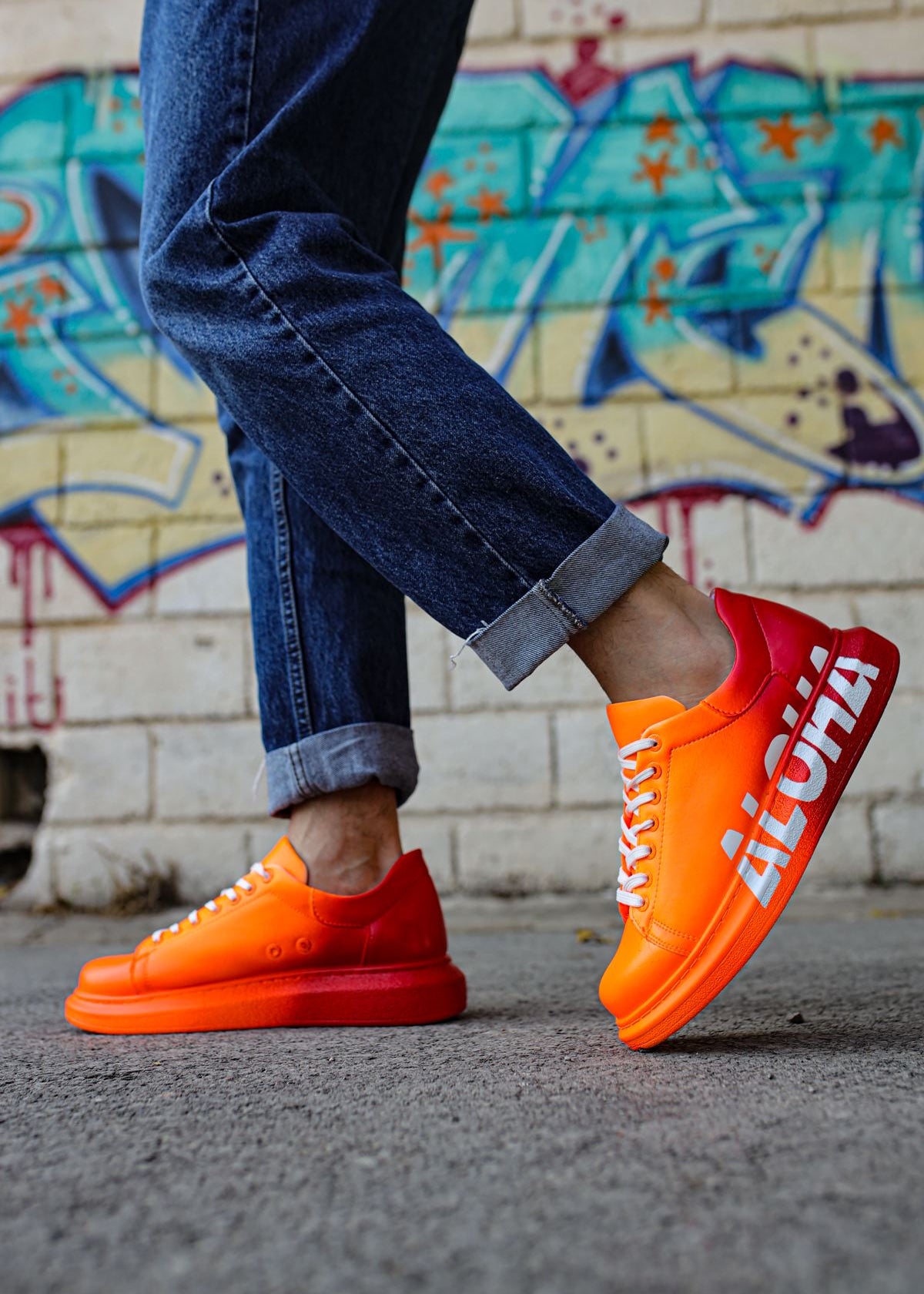 Aloha Sunrise hand-painted custom sneaker in orange by Apollo Moda, view 5