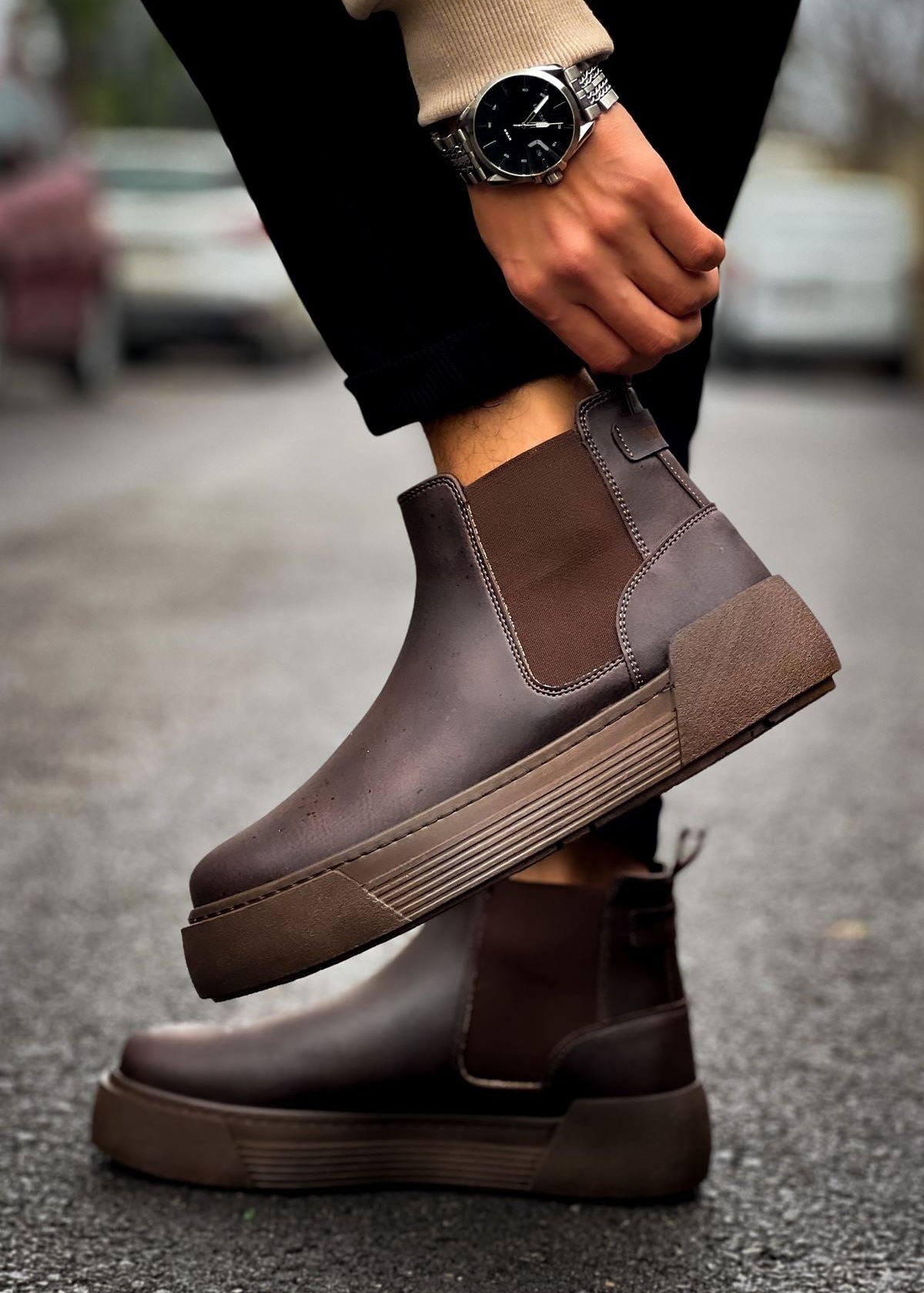 Avalon Coffee Brown Chelsea boot in brown by Apollo Moda, worn on wet pavement