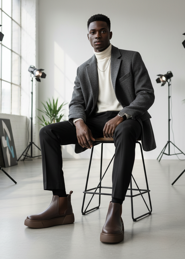 Avalon Coffee Brown Chelsea boot in brown by Apollo Moda, styled with a grey coat