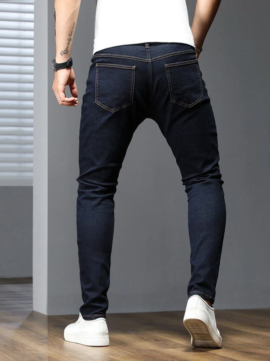 Jeans Ajustados Sólidos de Algodón para Hombre
