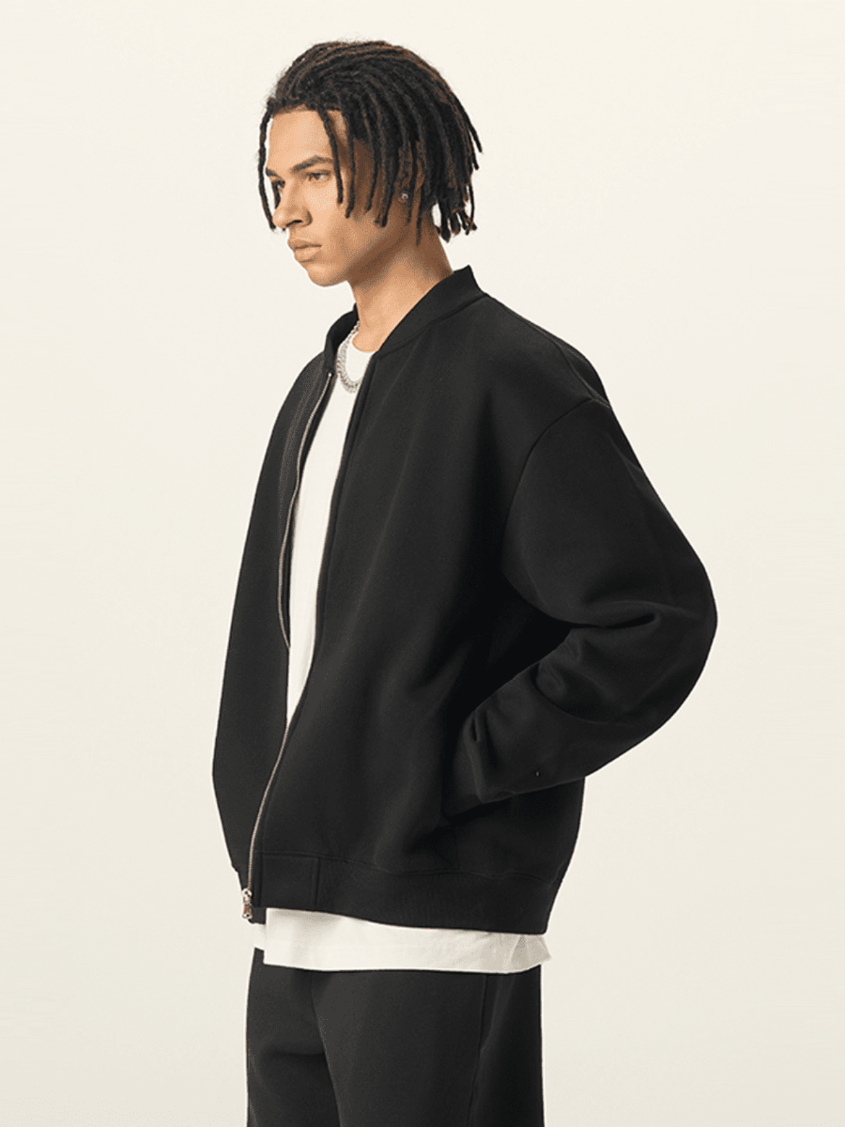 Apollo black fleece zip-up baseball jacket by Apollo Moda, view 3
