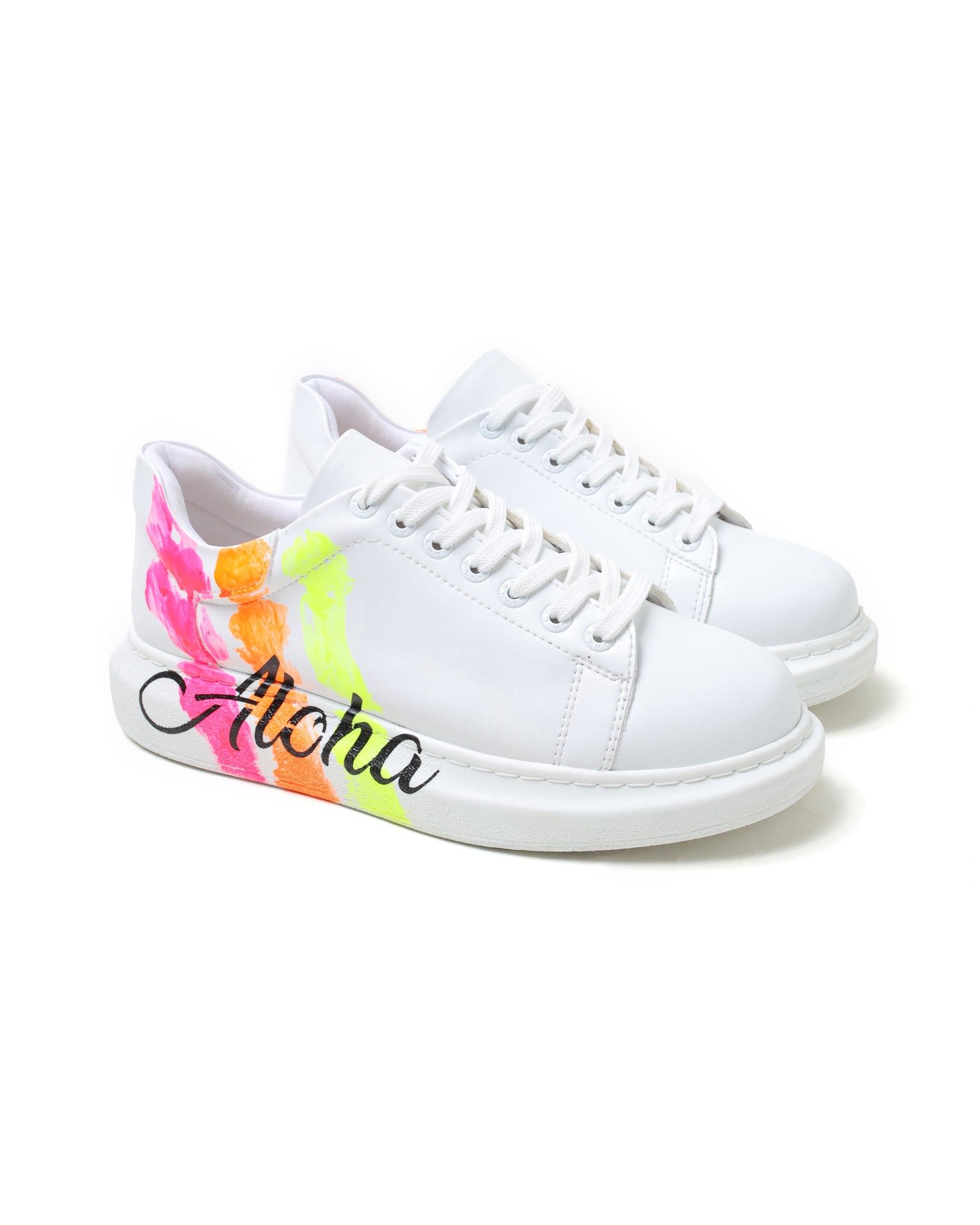Aloha Three Stripes hand-painted custom sneaker in white by Apollo Moda, view 3