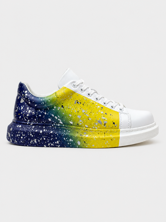 Urban Pulse Motion Flow hand-painted custom sneaker in yellow and blue by Apollo Moda
