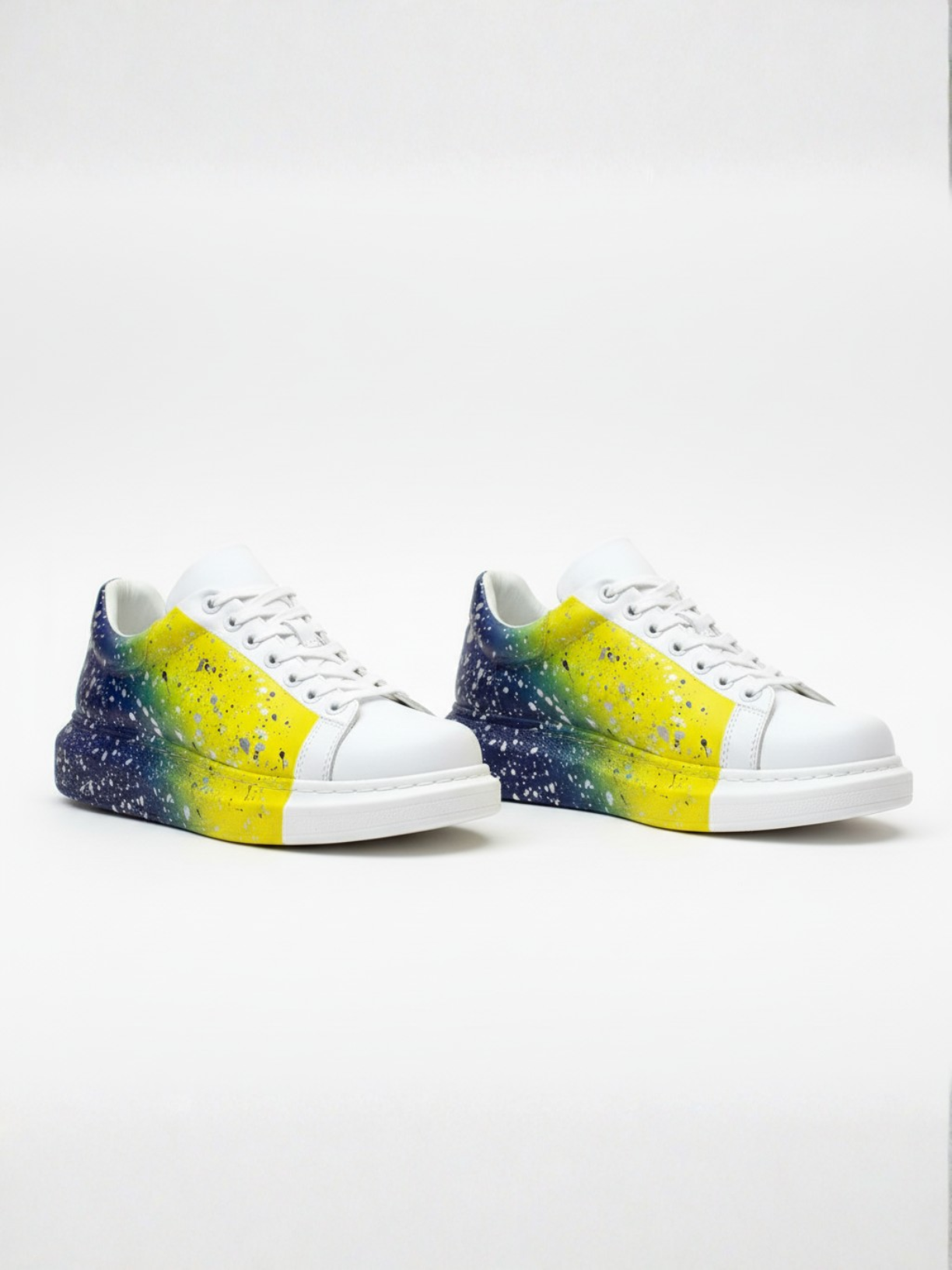 Urban Pulse Motion Flow hand-painted custom sneaker in yellow and blue by Apollo Moda, view 3