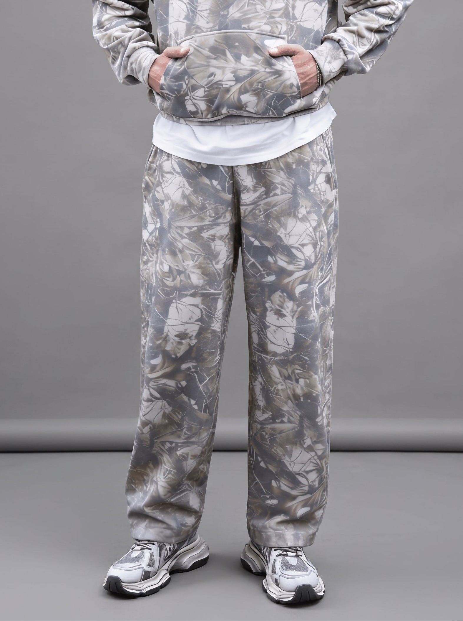Camo oversized heavyweight French terry open-hem sweatpants by Apollo Moda, worn as a full camouflage tracksuit