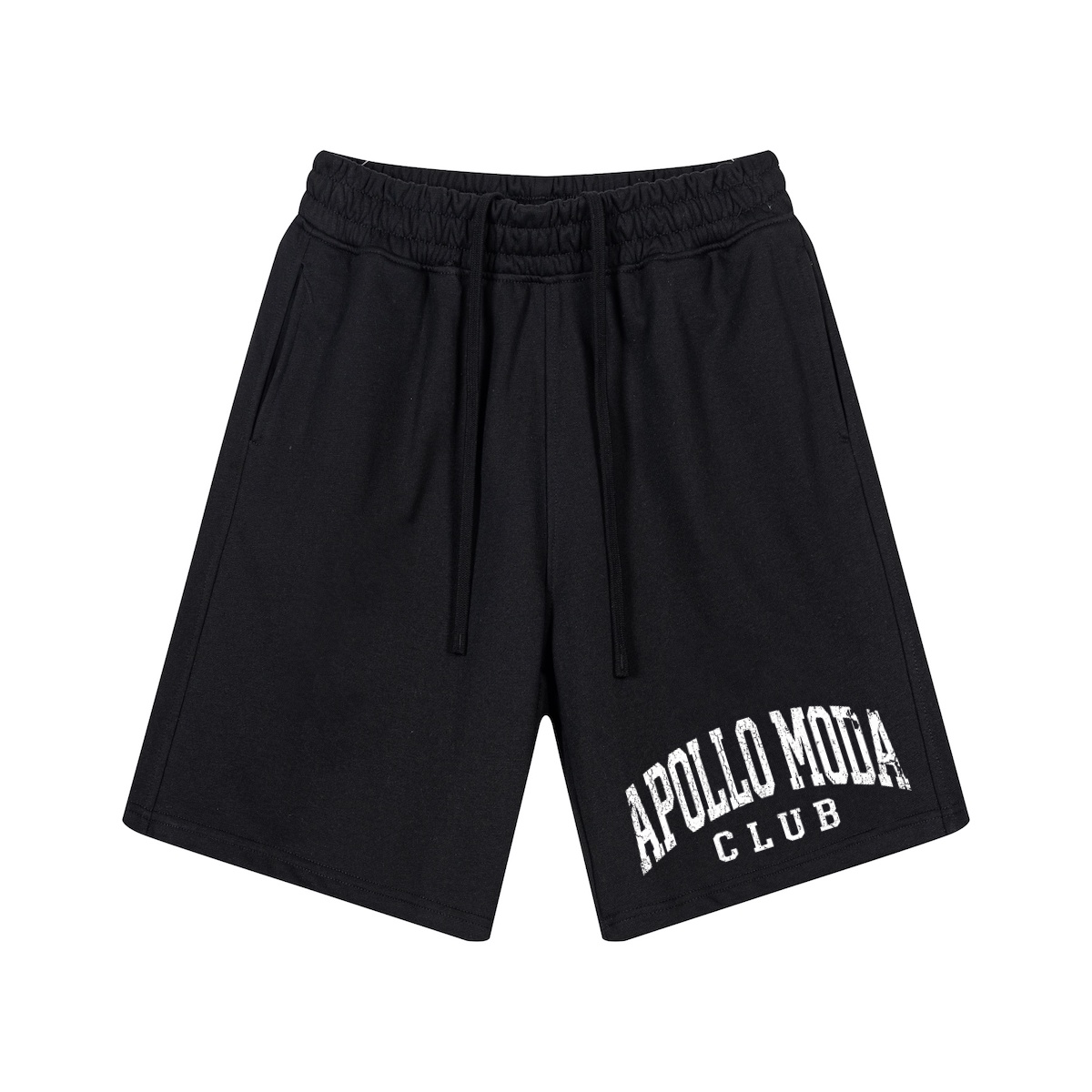 Club Collegiate sweat shorts in black by Apollo Moda, front view
