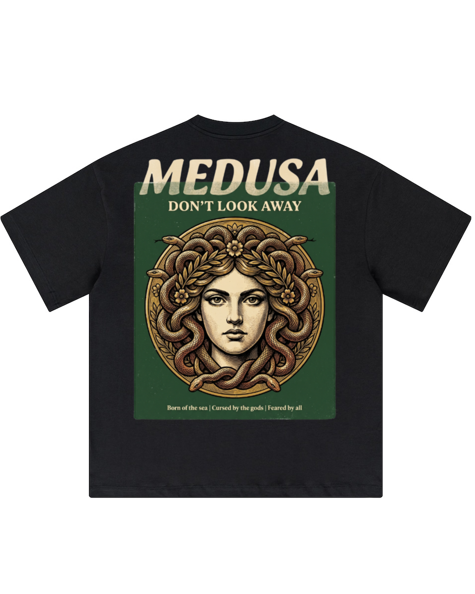 Medusa Don't Look Away oversized graphic tee in black by Apollo Moda, back print view