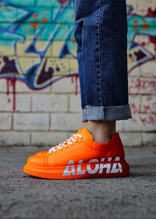 Aloha Sunrise hand-painted custom sneaker in orange by Apollo Moda, view 2