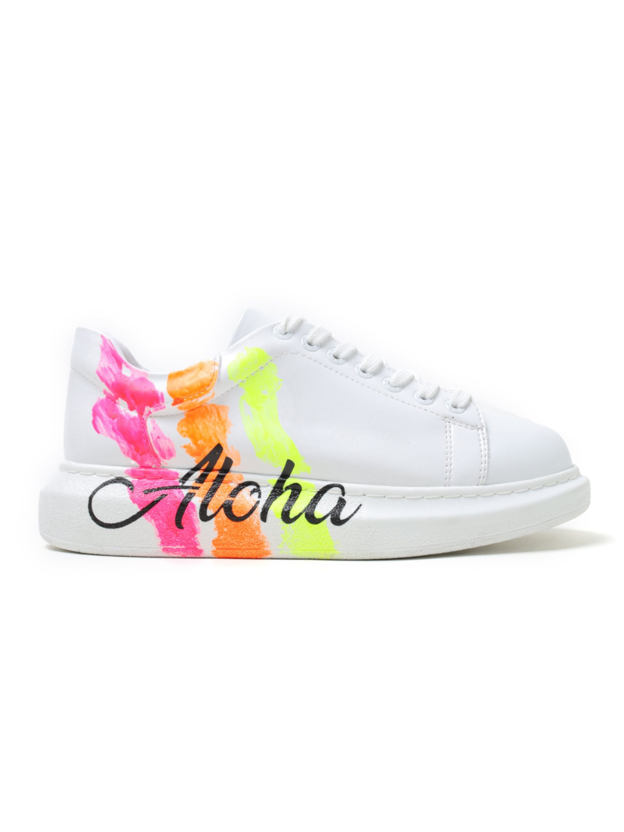 Aloha Three Stripes hand-painted custom sneaker in white by Apollo Moda, view 6