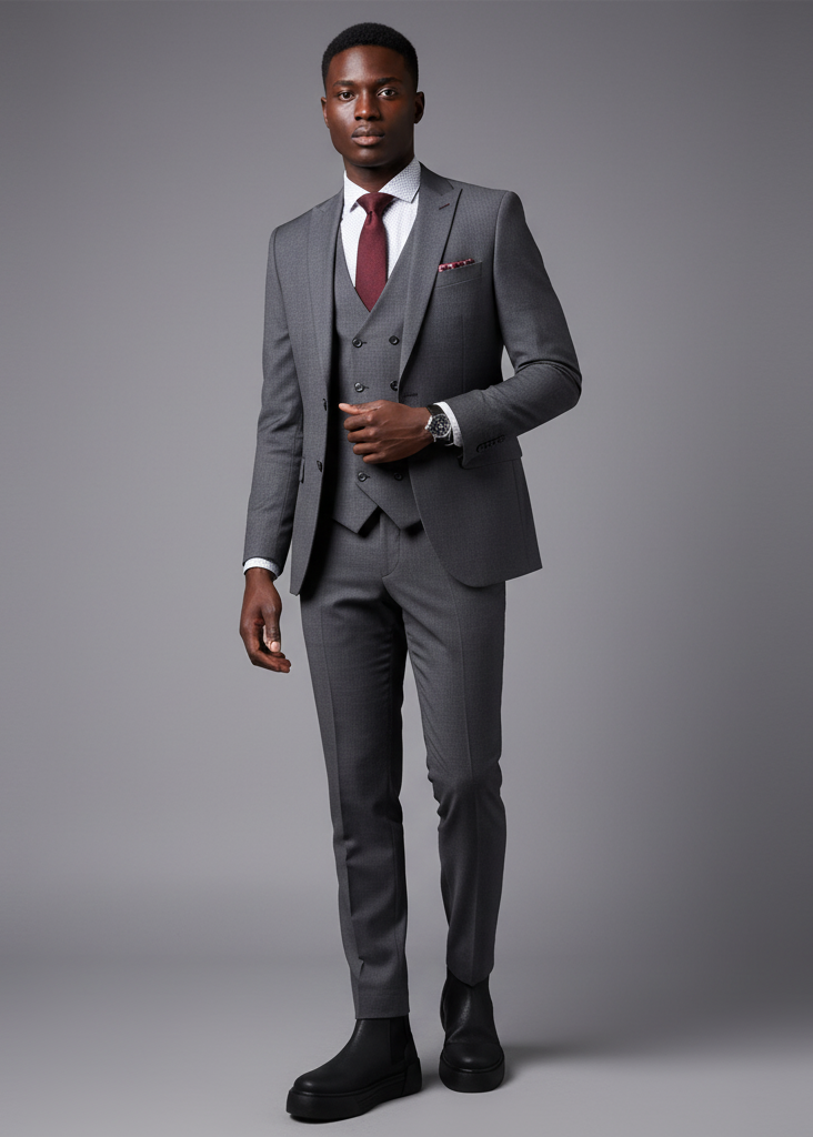 Avalon Onyx Chelsea boot in black by Apollo Moda, styled with a tailored grey suit