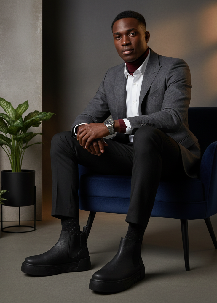 Avalon Onyx Chelsea boot in black by Apollo Moda, worn with a grey suit