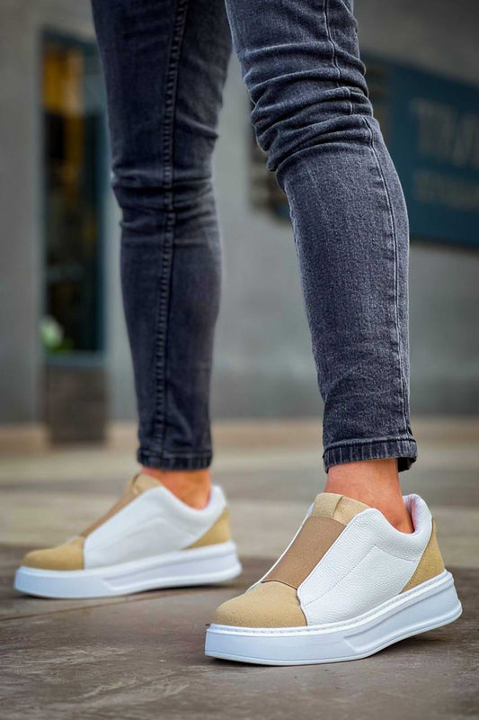 Izmir X-5 slip-on sneaker in white and beige by Apollo Moda, view 2