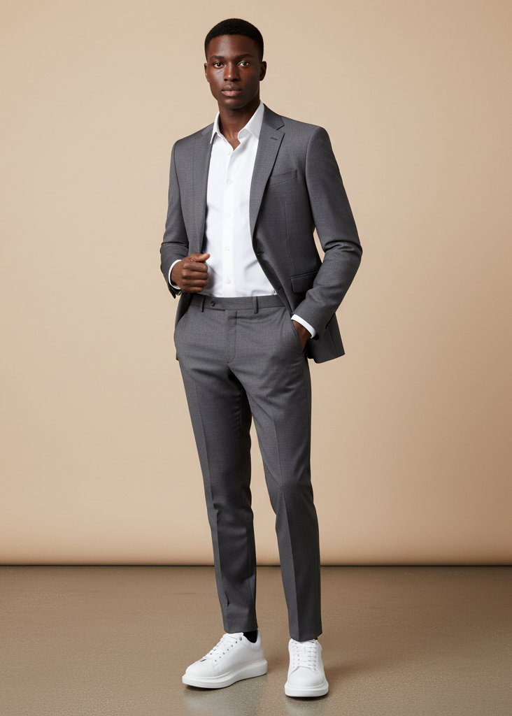 Pluto Pure White casual sneaker in white by Apollo Moda, styled with a grey suit