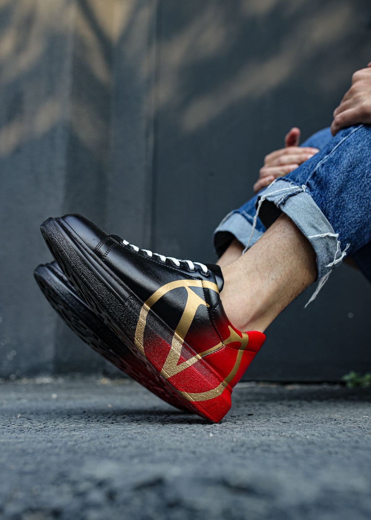 Tokyo V Crimson Pulse hand-painted custom sneaker in black and red by Apollo Moda, view 6