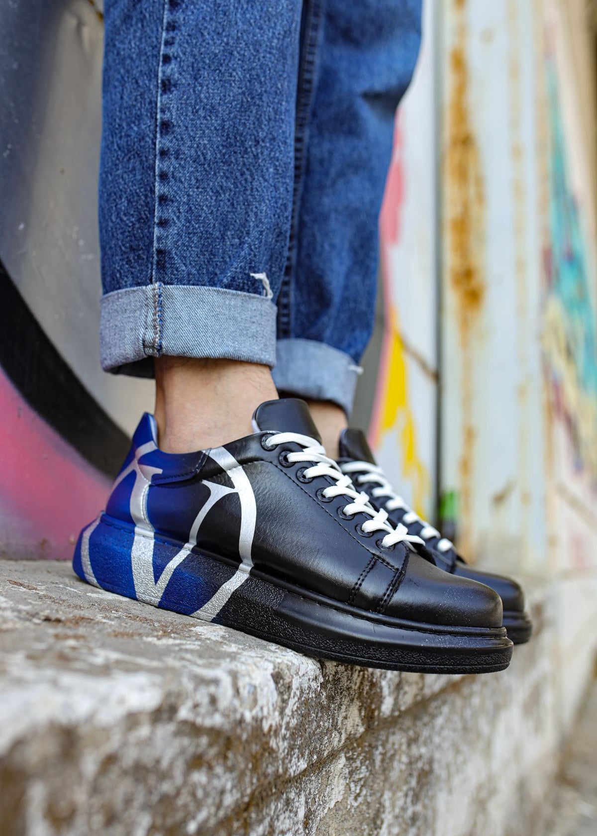 Tokyo V Midnight Surge hand-painted custom sneaker in black and blue by Apollo Moda, view 6