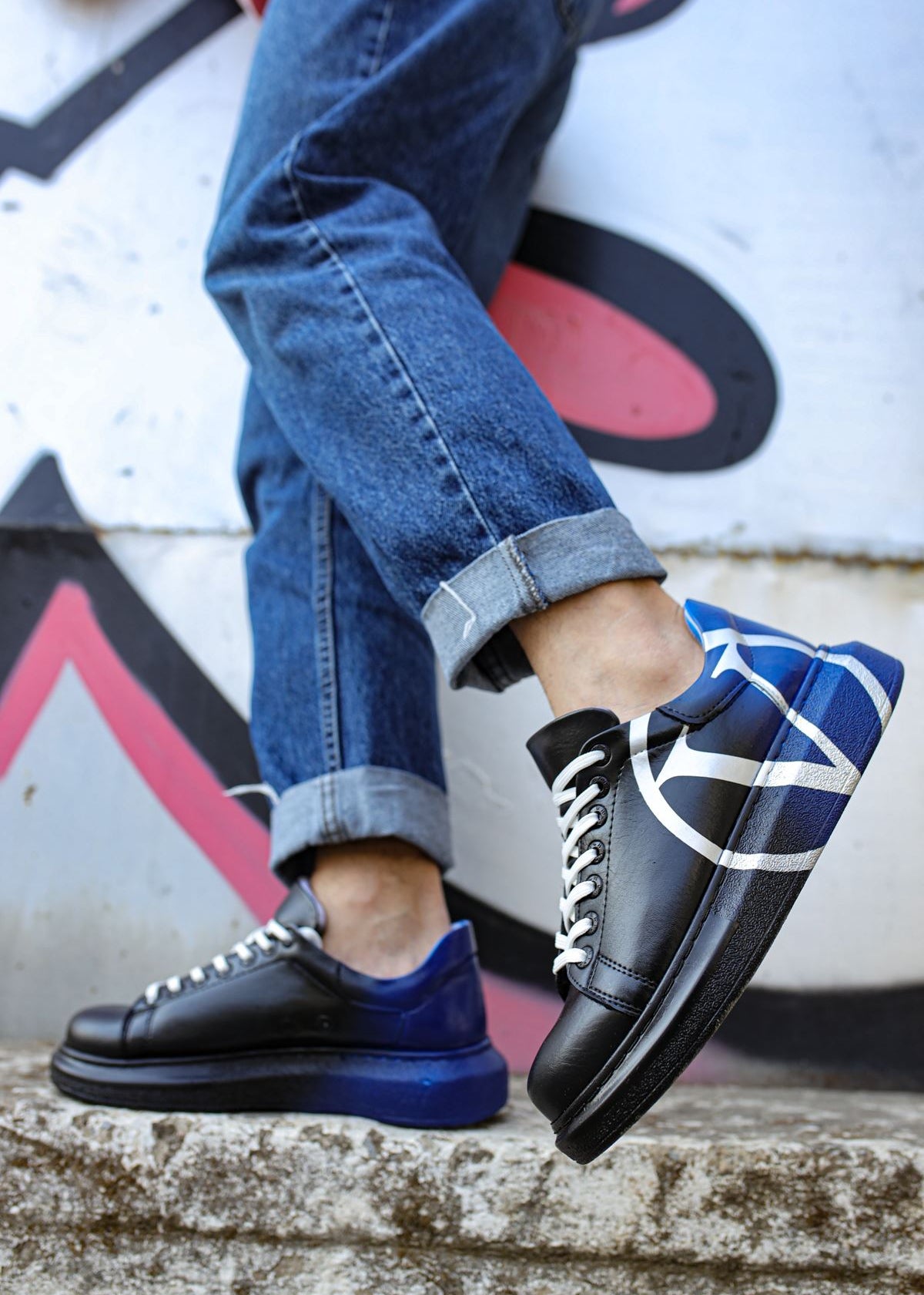 Tokyo V Midnight Surge hand-painted custom sneaker in black and blue by Apollo Moda, view 7