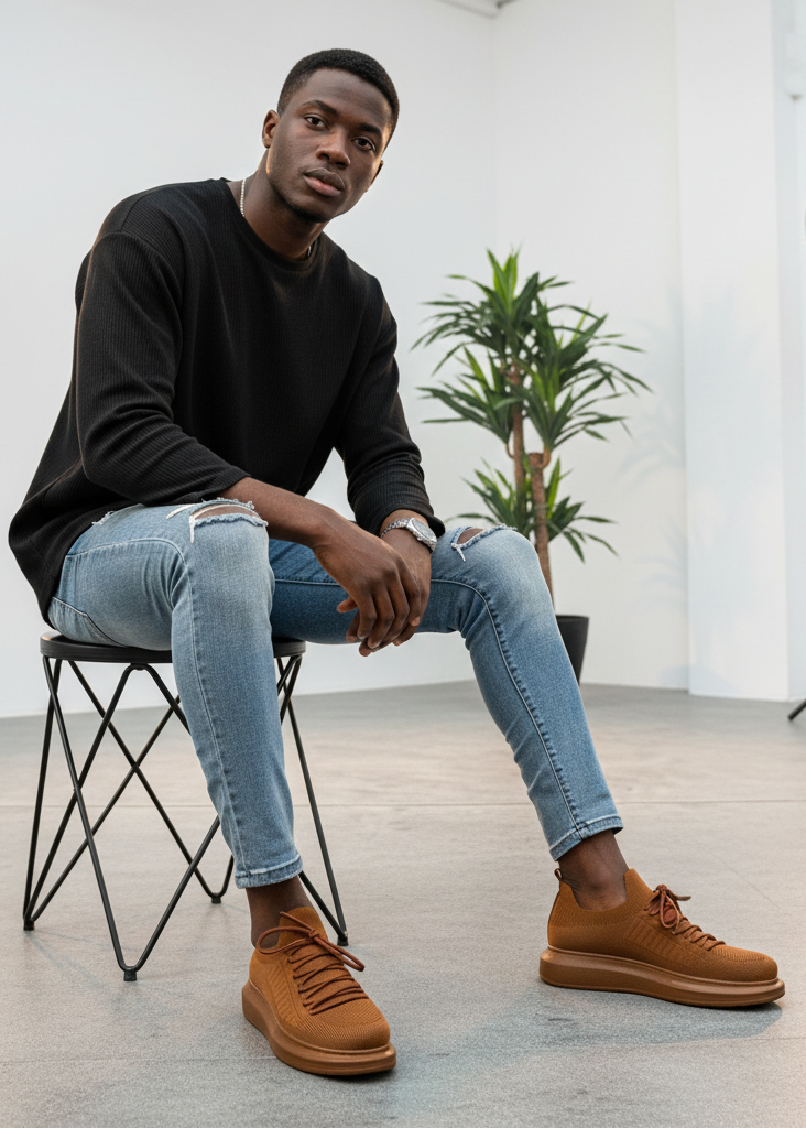 Torino Espresso Essence breathable knit sneaker in brown by Apollo Moda, worn seated