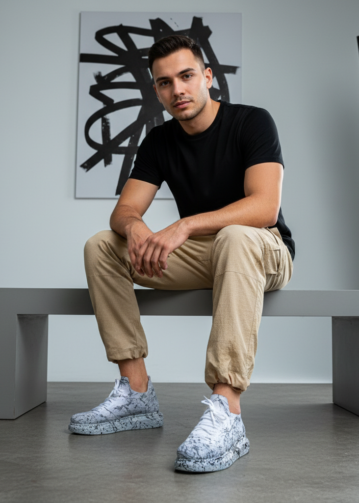 Torino Grey Peak II knit sneaker in grey by Apollo Moda, styled with beige trousers