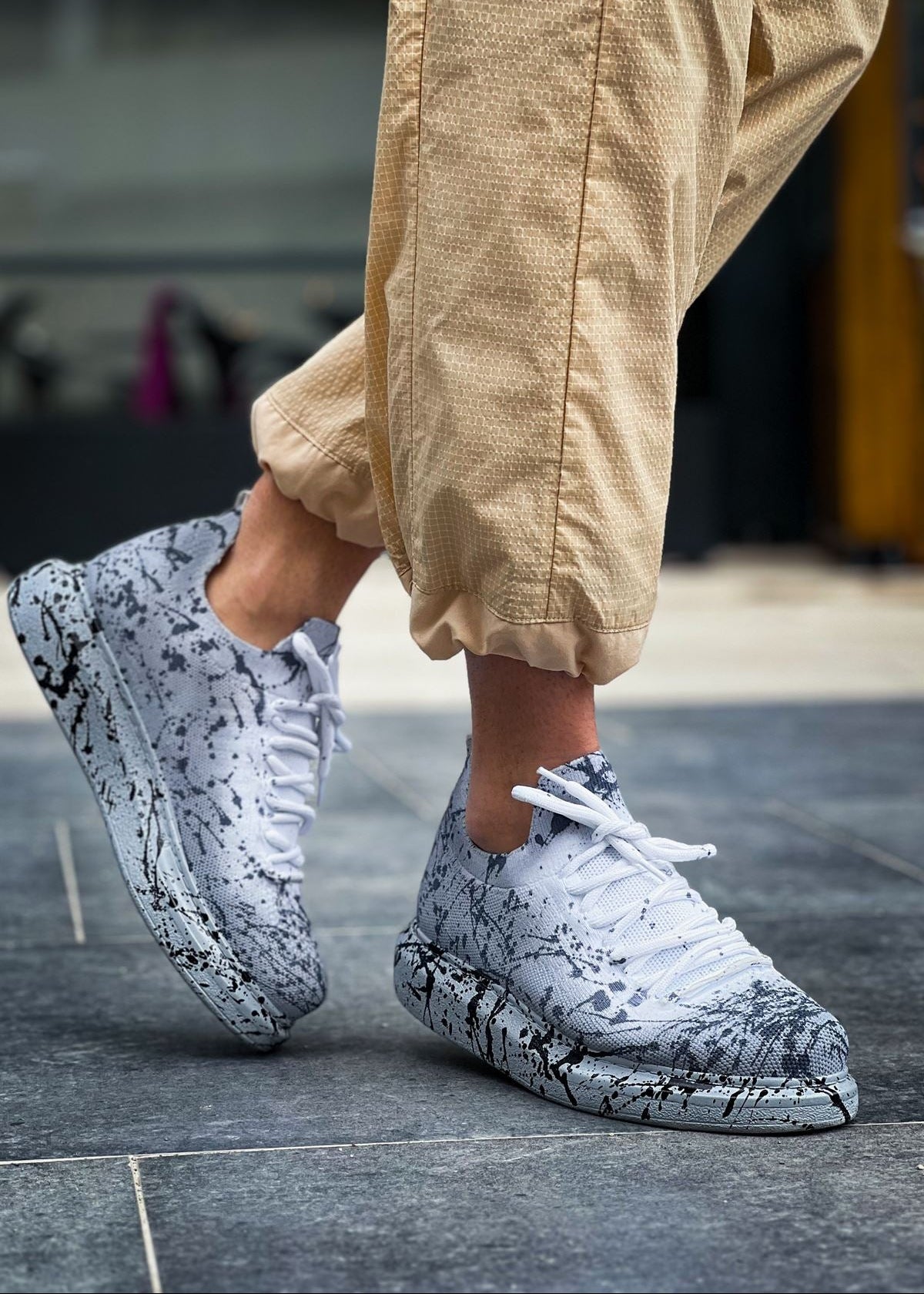 Torino Grey Peak II knit sneaker in grey with black splatter detail by Apollo Moda