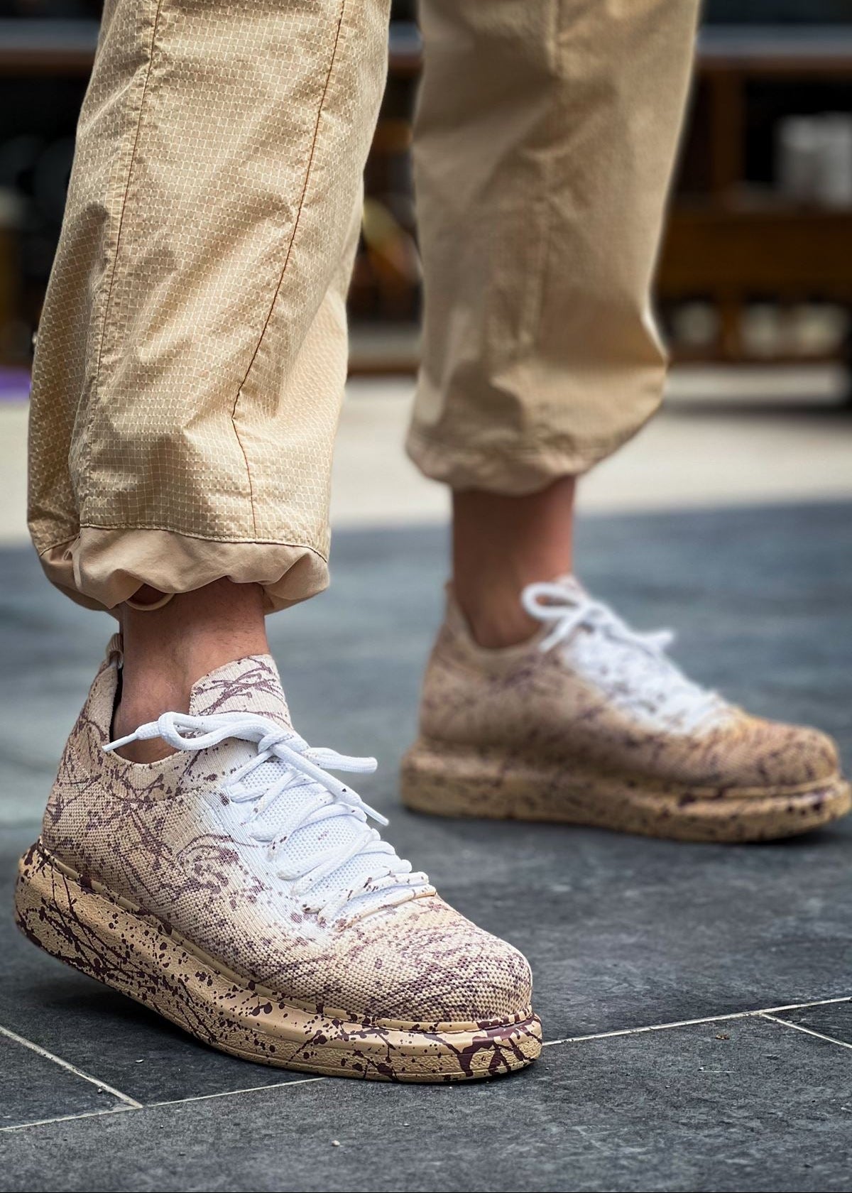 Torino Light Brown Peak knit sneaker with hand-painted splatter design by Apollo Moda