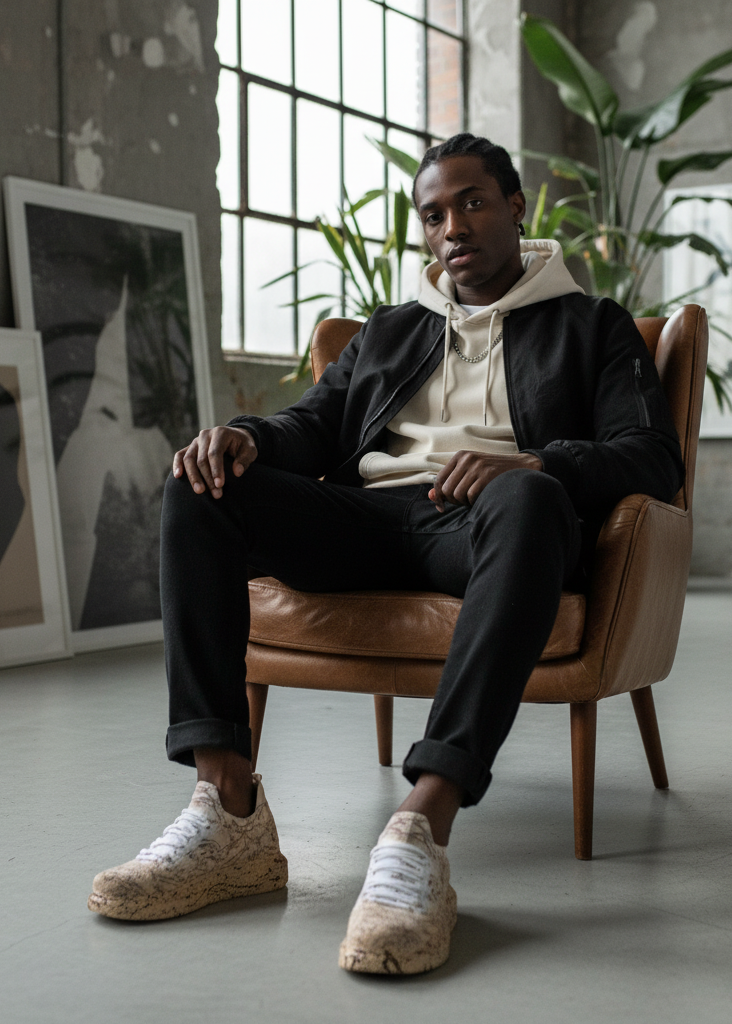 Torino Light Brown Peak knit sneaker by Apollo Moda, styled with a cream hoodie