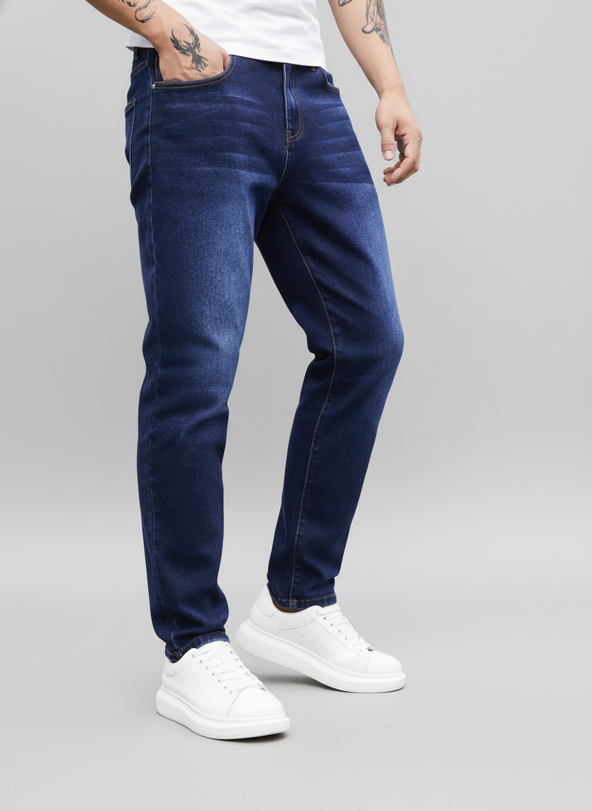 Washed pocket slim fit jeans in blue by Apollo Moda, view 2