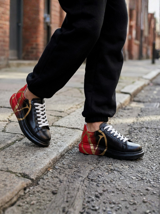 Women's Tokyo V Crimson Pulse hand-painted custom sneaker in black and red by Apollo Moda, view 2