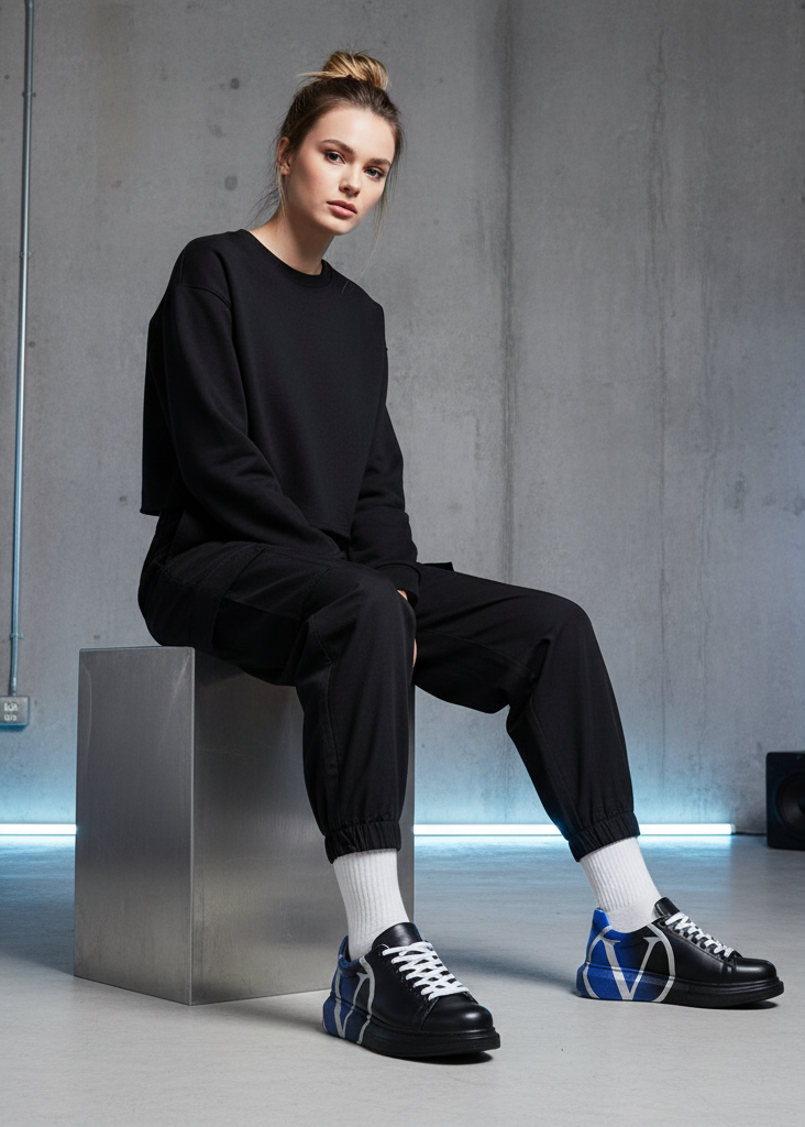 Women's Tokyo V Midnight Surge hand-painted custom sneaker in black and blue by Apollo Moda, view 6