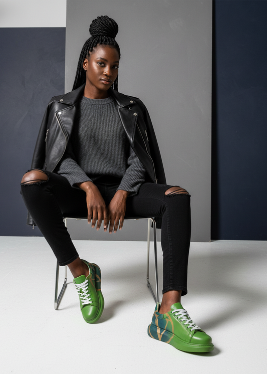 Women's Tokyo V Verdant Radiance hand-painted custom sneaker in green by Apollo Moda, view 2