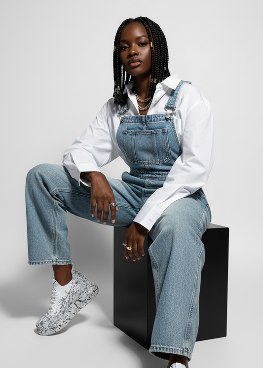Women's Torino Grey Peak II knit sneaker in grey by Apollo Moda, styled with denim overalls
